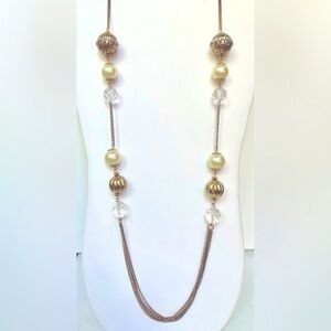 Vintage Elegant Gold, Faux Pearl & Filgree Gold Tone Beaded Necklace